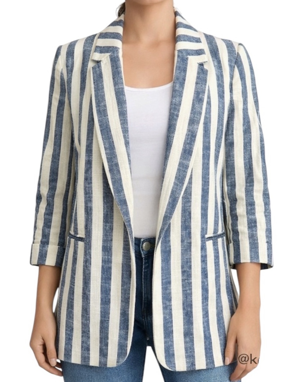 Coastal Chic Blue Ivory Stripe Linen Blend Blazer Jacket